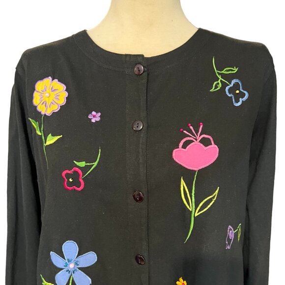 Vintage‎ Susan Graver Style Black Floral Embroidered Button Front Cardigan - Picture 3 of 9